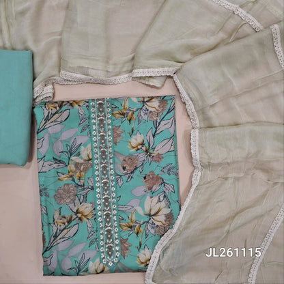 Pastel blue satin cotton unstitched salwar material,simple yoke,embroidered daman, (Lining Optional)spun cotton bottom, chiffon dupatta with lace detailing. JL261115