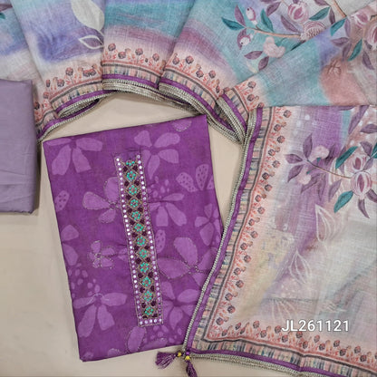 Purple spun cotton unstitched salwar material, floral printed all over, embroidery on yoke (Lining Needed) Lavender Silky Bottom, Digital printed semi linen dupatta. JL261121