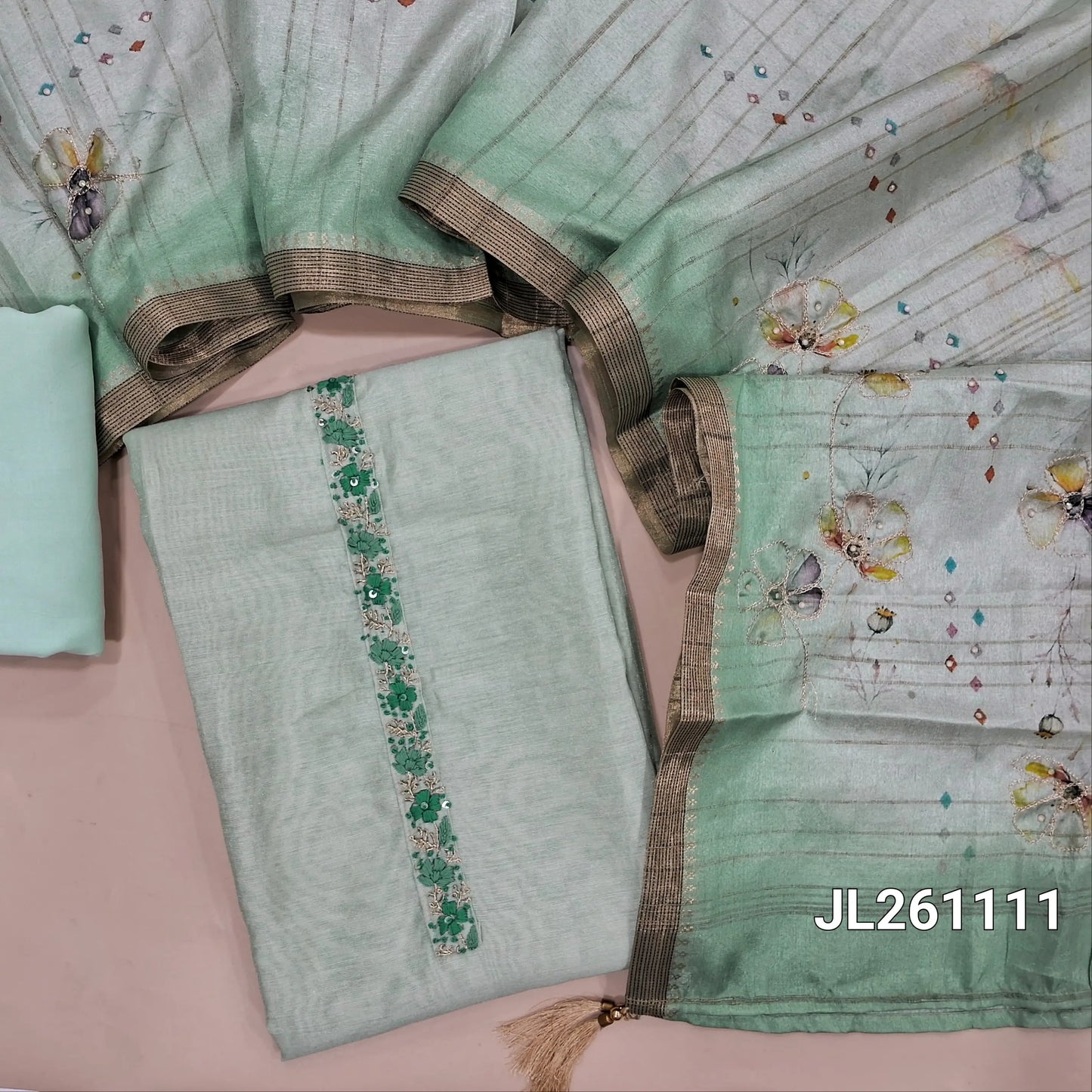 Pastel green premium silk cotton unstitched salwar material, hand embroidery work on yoke,zari and floral design daman, (lining needed) spun cotton bottom, digital printed silk cotton dupatta with zari borders. JL261111