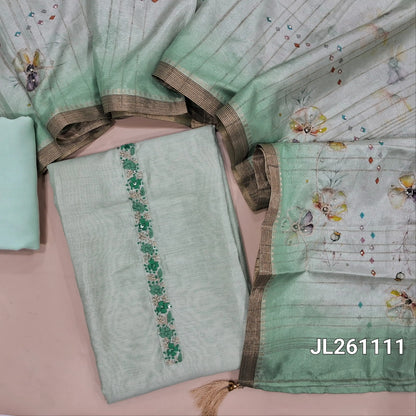 Pastel green premium silk cotton unstitched salwar material, hand embroidery work on yoke,zari and floral design daman, (lining needed) spun cotton bottom, digital printed silk cotton dupatta with zari borders. JL261111