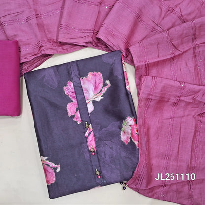 Purple digital printed silk cotton unstitched salwar material, pink floral printed on front, (lining needed)cotton bottom,fancy soft silk cotton dupatta with thread and sequins work. JL261110
