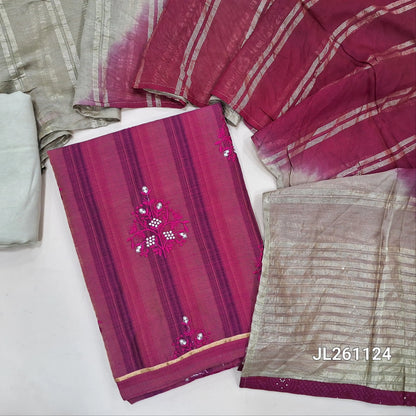 Dark pink fancy silk cotton unstitched salwar material, embroidery on front (Textured, Lining Needed) Beige santoon bottom, Dual shaded fancy silk cotton dupatta with zari lines. JL261124