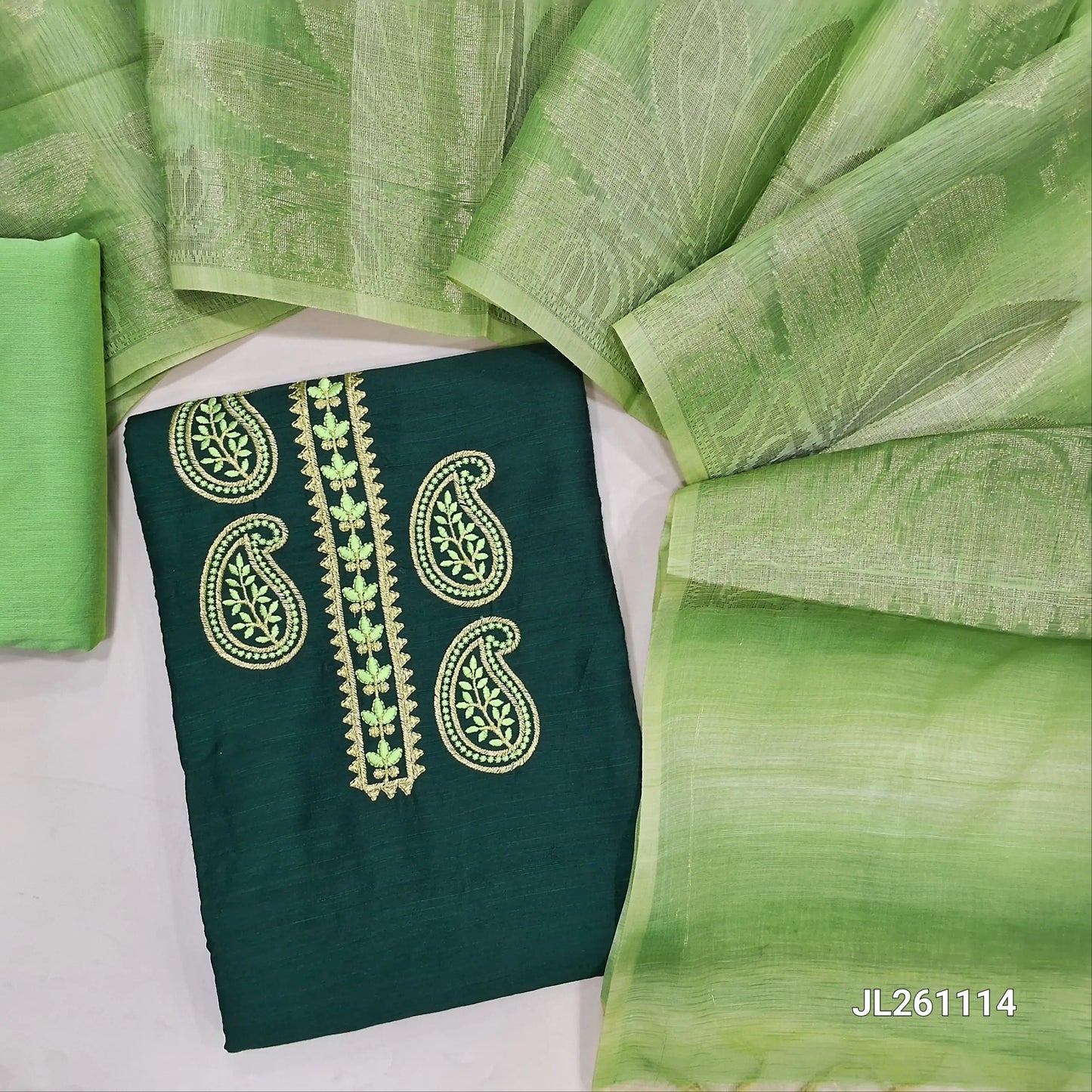Bottle green semi raw silk unstitched salwar material,embroidery and zari work on yoke, (lining needed)pastel green silk cotton bottom, benarasi silk cotton dupatta.JL261114
