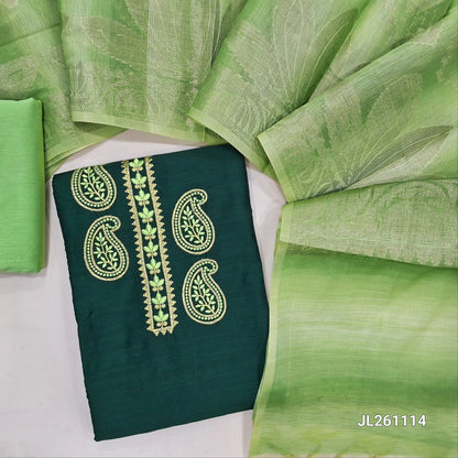 Bottle green semi raw silk unstitched salwar material,embroidery and zari work on yoke, (lining needed)pastel green silk cotton bottom, benarasi silk cotton dupatta.JL261114