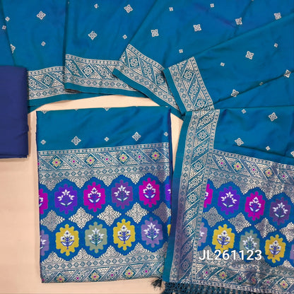 Peacock Blue Dual Shaded benarasi zari woven silk cotton unstitched salwar material, meenakari weaving on yoke and daman (Silky, Lining Needed) Dark Blue bottom, meenakari woven silk cotton dupatta with borders. JL261123