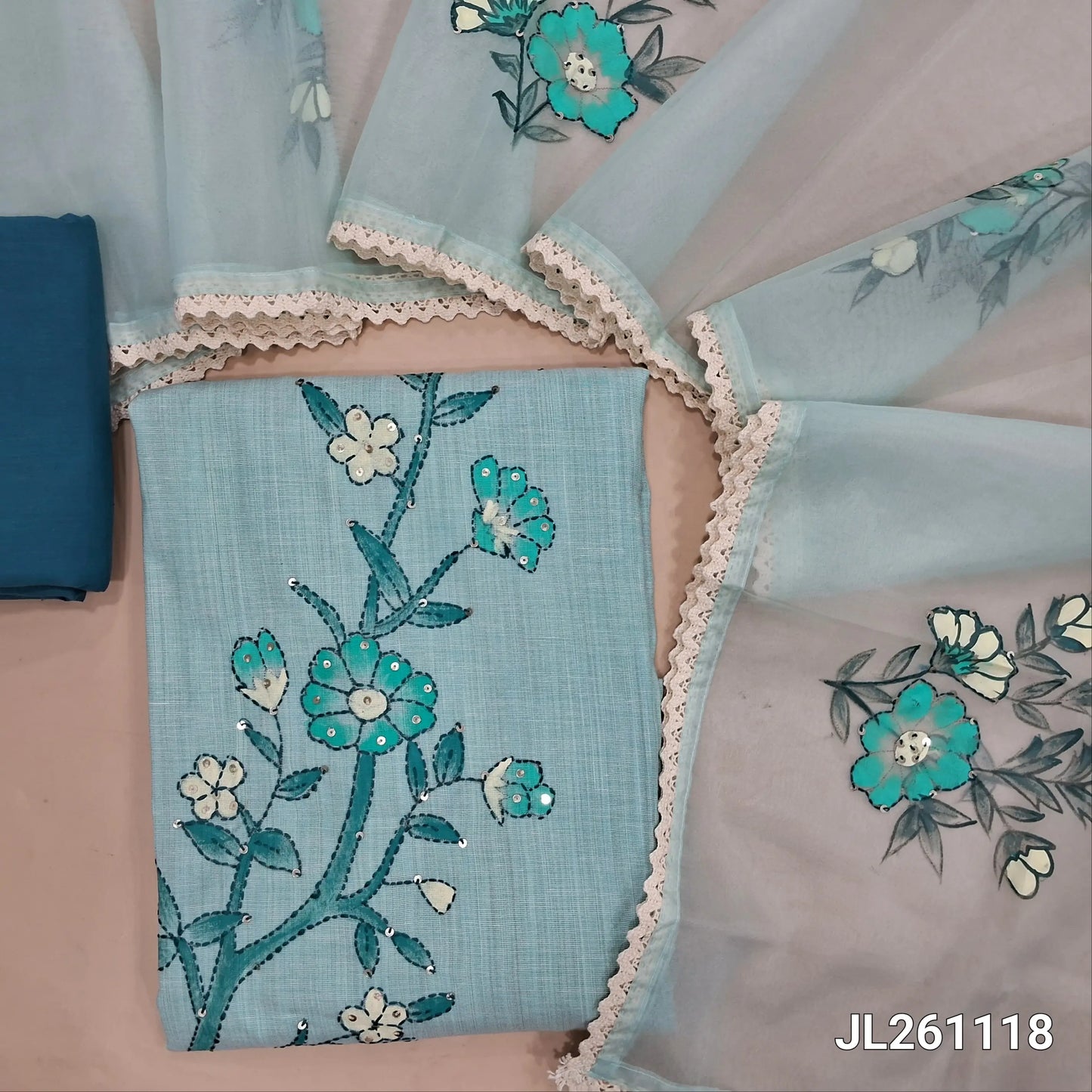 Pastel Blue soft spun silk cotton unstitched salwar material, hand embroidery on front with brush paint work (Lining Needed) Dark blue cotton bottom, Brush painted organza dupatta with embroidery detailing and lace tapings. JL261118
