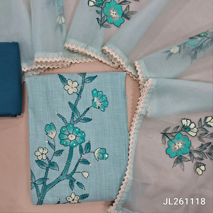 Pastel Blue soft spun silk cotton unstitched salwar material, hand embroidery on front with brush paint work (Lining Needed) Dark blue cotton bottom, Brush painted organza dupatta with embroidery detailing and lace tapings. JL261118