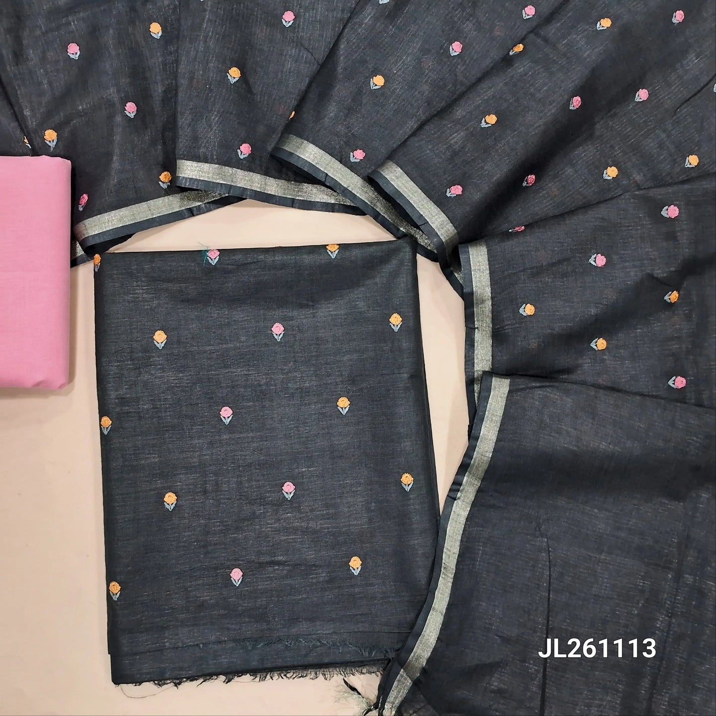 Black semi linen unstitched salwar material, floral embroidery on front,(textured, lining needed)pink cotton bottom, embroidery work on demi linen dupatta. JL261113