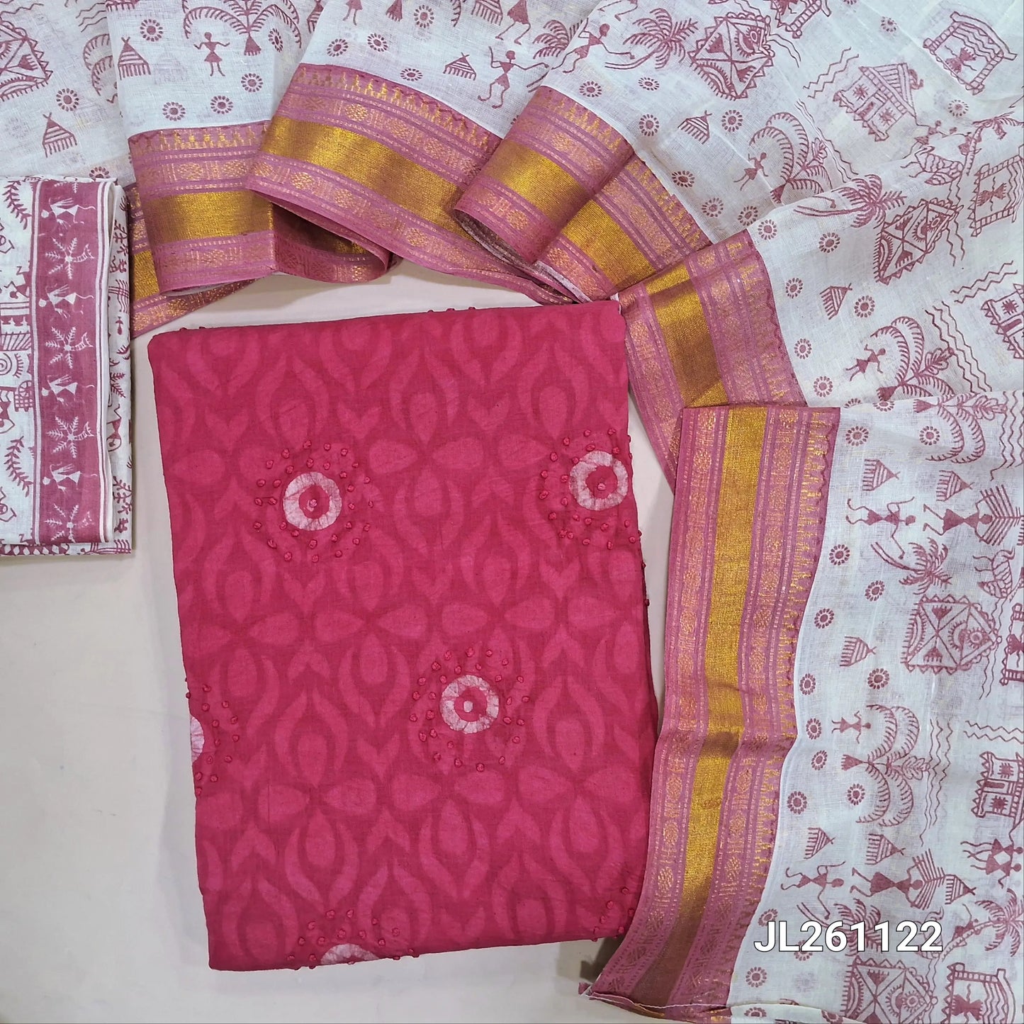 Dark Pink batik dyed soft cotton unstitched salwar material with embroidery on front (Lining Needed) Block printed warli bottom, pure cotton warli printed dupatta with borders. JL261122