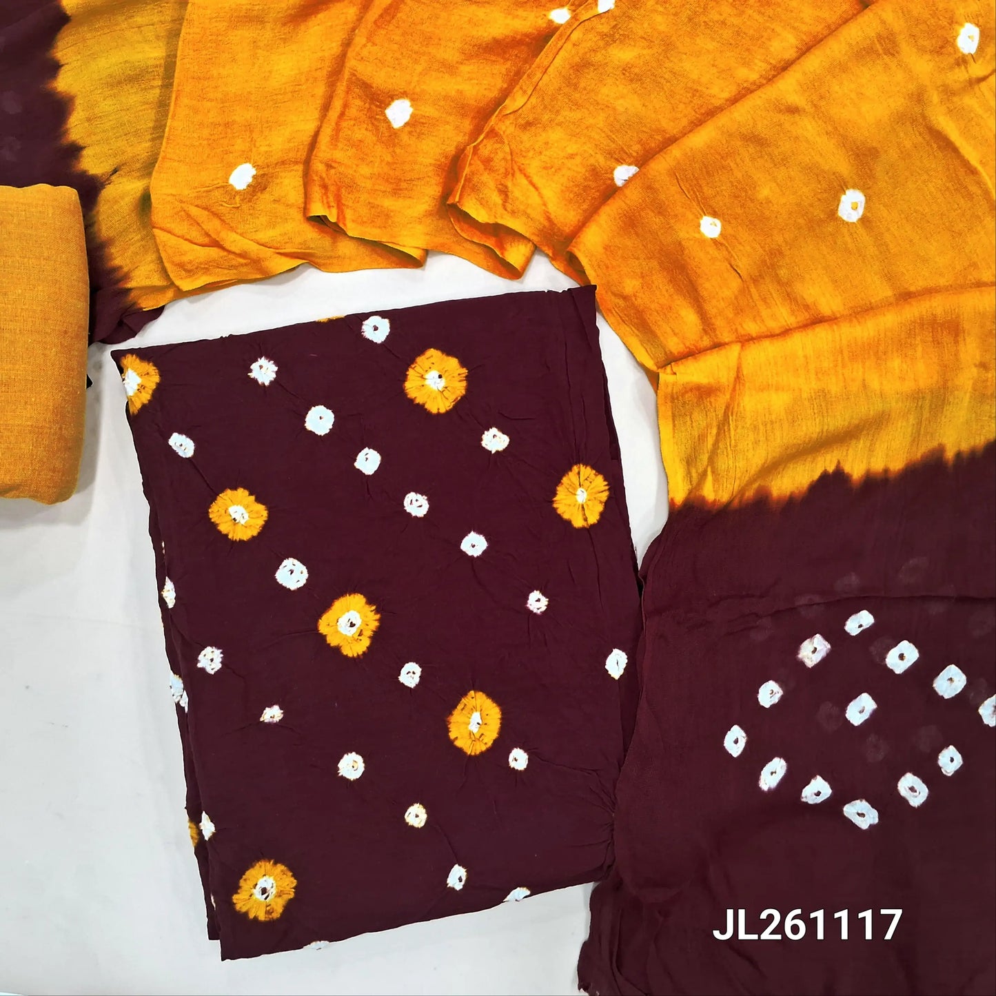 Dark maroon soft rayon unstitched salwar material, bandhini dyed all over (Lining Needed, Soft) Contrast Mango Yellow Cotton Bottom, Bandhini dyed rayon dupatta. JL261117