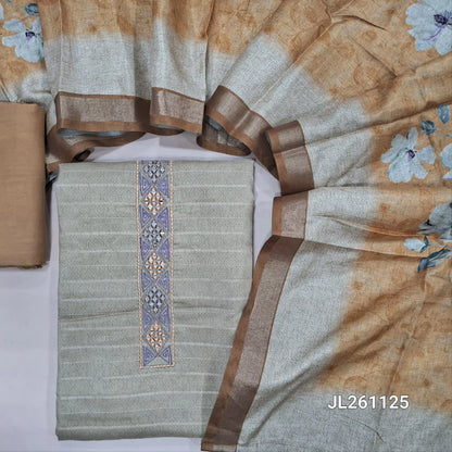 Beige sobar printed semi tussar unstitched salwar material, embroidered& real mirror work on yoke, self weaving design all over(lining needed)mehandhi yellow santoon bottom, floral printed silk cotton dupatta with gold tissue borders. JL261125