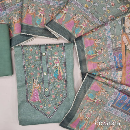 Sage green tissue silk cotton unstitched salwar material,(silky, lining needed) digital print, sugar bead, zardozi work on yoke and daman, matching santoon bottom , digital printed tissue silk cotton shorth width dupatta with lace tapings. OC251316