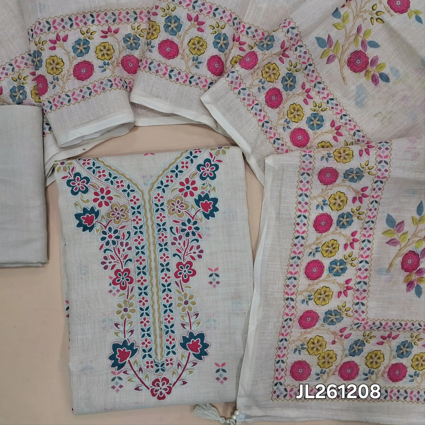 Off white semi linen unstitched salwar material, thread embroidery work on yoke, printed all over, printed daman,(lining needed)spun cotton bottom,floral printed semi linen dupatta. JL261208