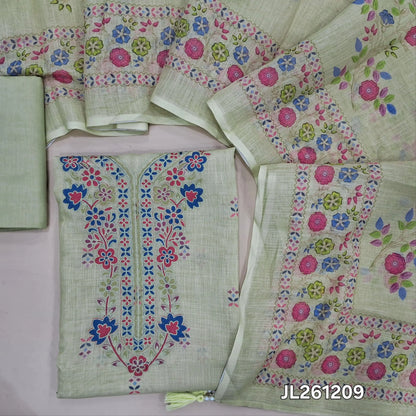 Pastel green semi linen unstitched salwar material, thread embroidery work on yoke, printed all over, printed daman,(lining needed)spun cotton bottom,floral printed semi linen dupatta. JL261209
