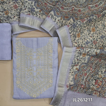 Lavender semi linen unstitched salwar material, embroidery work on yoke, (lining needed)santoon bottom,madhubani printed semi linen dupatta with gold borders. JL261211