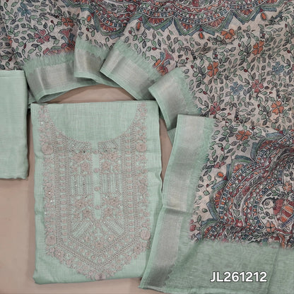 Pastel green semi linen unstitched salwar material, embroidery work on yoke, (lining needed)santoon bottom,madhubani printed semi linen dupatta with gold borders. JL261212