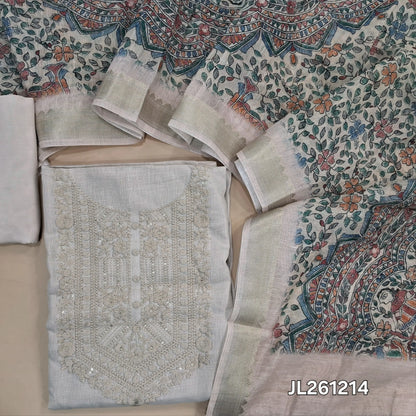 Light beige semi linen unstitched salwar material, embroidery work on yoke, (lining needed)santoon bottom,madhubani printed semi linen dupatta with gold borders. JL261214