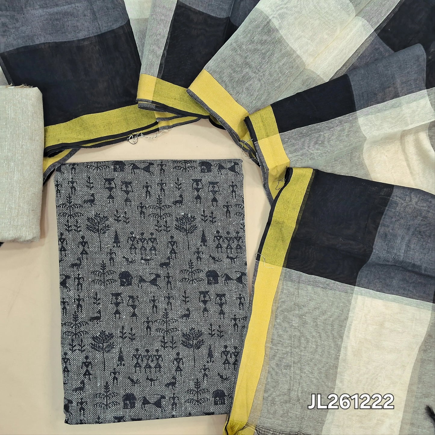 Grey warli printed jute cotton unstitched salwar material,(lining needed)jute cotton bottom,checked design on silk cotton dupatta (TAPPING NEEDED). JL261222