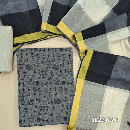 Grey warli printed jute cotton unstitched salwar material,(lining needed)jute cotton bottom,checked design on silk cotton dupatta (TAPPING NEEDED). JL261222