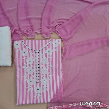 Pink & white soft mul  cotton unstitched salwar material, real mirror and floral applique on yoke, striped all over, (lining needed)embroidered cotton bottom, chiffon dupatta with tapping. JL261221