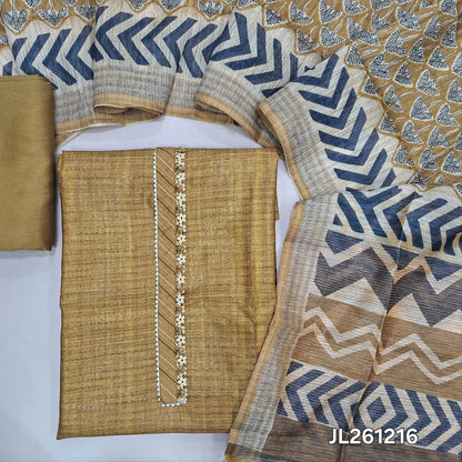 Mehandhi yellow jute silk unstitched salwar material, potli buttons and lace work on yoke, printed daman,( textured,lining needed)silk cotton bottom,printed jute silk dupatta. JL261216