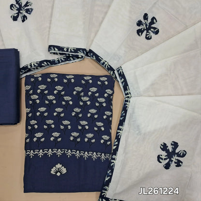 Dark blue floral printed muslin silk unstitched salwar material(silky,lining needed)silky bottom, applique work on silk cotton dupatta with tapping. JL261224