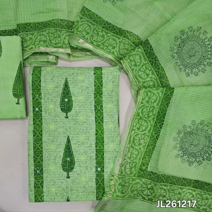 Pastel green premium hand block printed kota unstitched salwar material,faux mirror and self embroidery work on front,( thin,Lining Needed) block printed drum dyed cotton bottom,block printed kota dupatta with tissue borders. JL261217