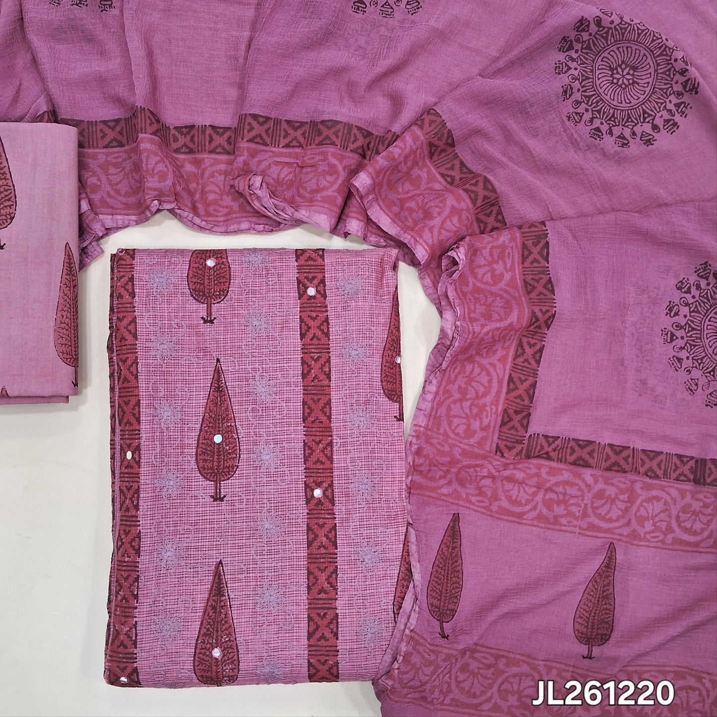 Pink premium hand block printed kota unstitched salwar material,faux mirror and self embroidery work on front,( thin,Lining Needed) block printed drum dyed cotton bottom,block printed chiffon dupatta. JL261220