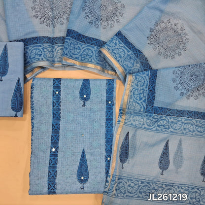 Pastel blue premium hand block printed kota unstitched salwar material,faux mirror and self embroidery work on front,( thin,Lining Needed) block printed drum dyed cotton bottom,block printed kota dupatta with tissue borders. JL261219