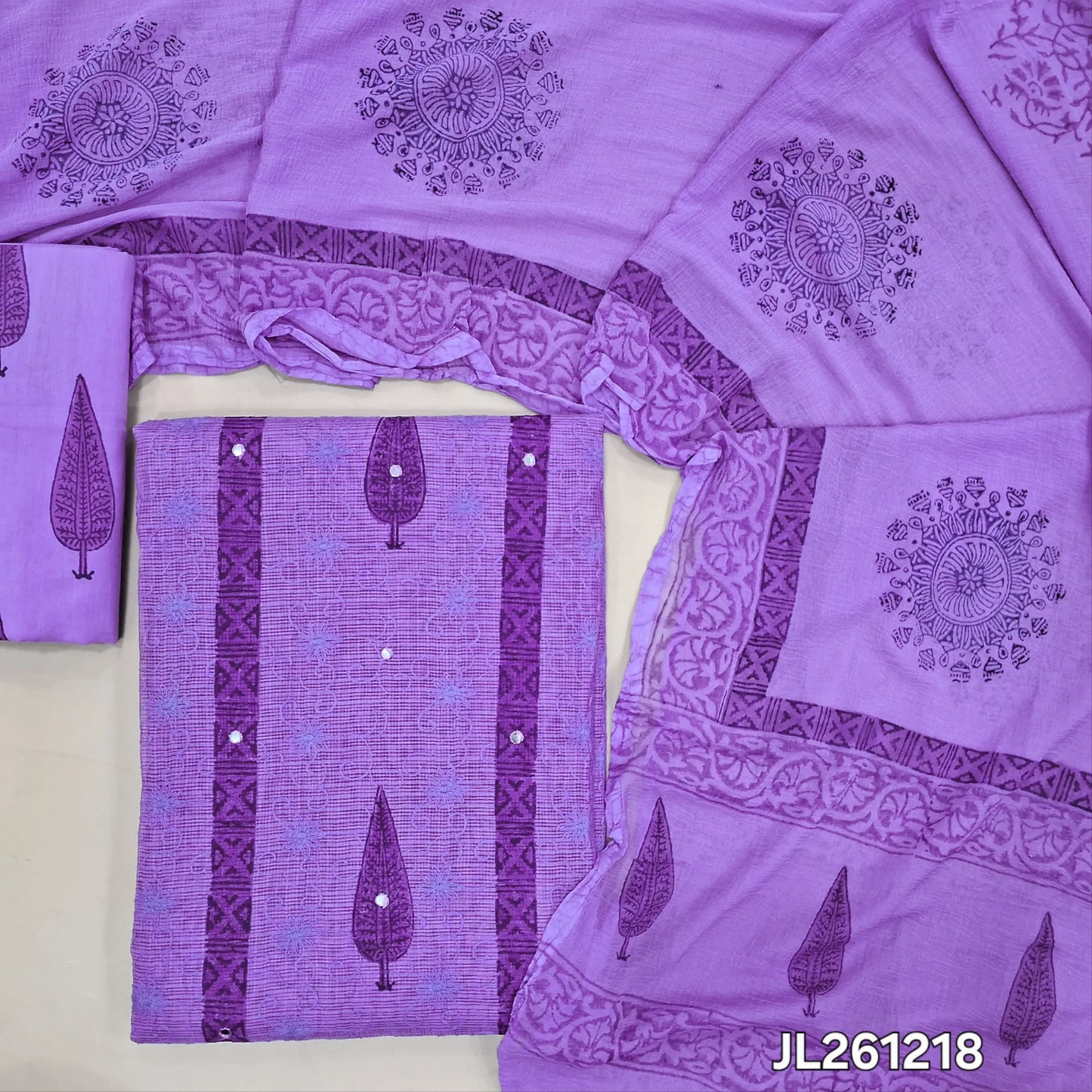 Purple premium hand block printed kota unstitched salwar material,faux mirror and self embroidery work on front,( thin,Lining Needed) block printed drum dyed cotton bottom,block printed chiffon dupatta. JL261218