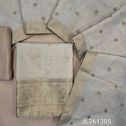 Designer off white base with golden tint tissue linen unstitched salwar material,antic gold zari weaving all over,zari daman,(lining needed)beige silk cotton bottom, zari embroidery on tissue linen dupatta with borders. JL261305