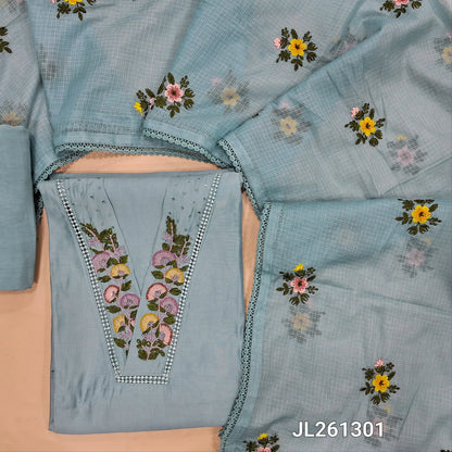 Designer powder blue mul chanderi unstitched salwar material, V neck with hand embroidery and lace work on yoke,(thin, lining needed) spun cotton bottom,thread embroidery work on kota dupatta with lace tapping. JL261301