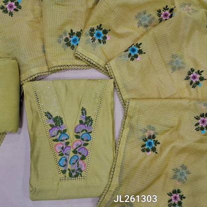 Designer mehandhi yellow mul chanderi unstitched salwar material, V neck with hand embroidery and lace work on yoke,(thin, lining needed) spun cotton bottom,thread embroidery work on kota dupatta with lace tapping. JL261303