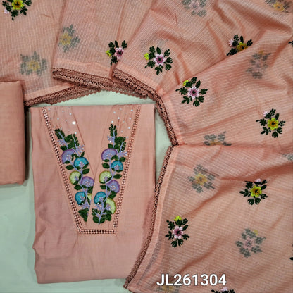 Designer peachish pink mul chanderi unstitched salwar material, V neck with hand embroidery and lace work on yoke,(thin, lining needed) spun cotton bottom,thread embroidery work on kota dupatta with lace tapping. JL261304