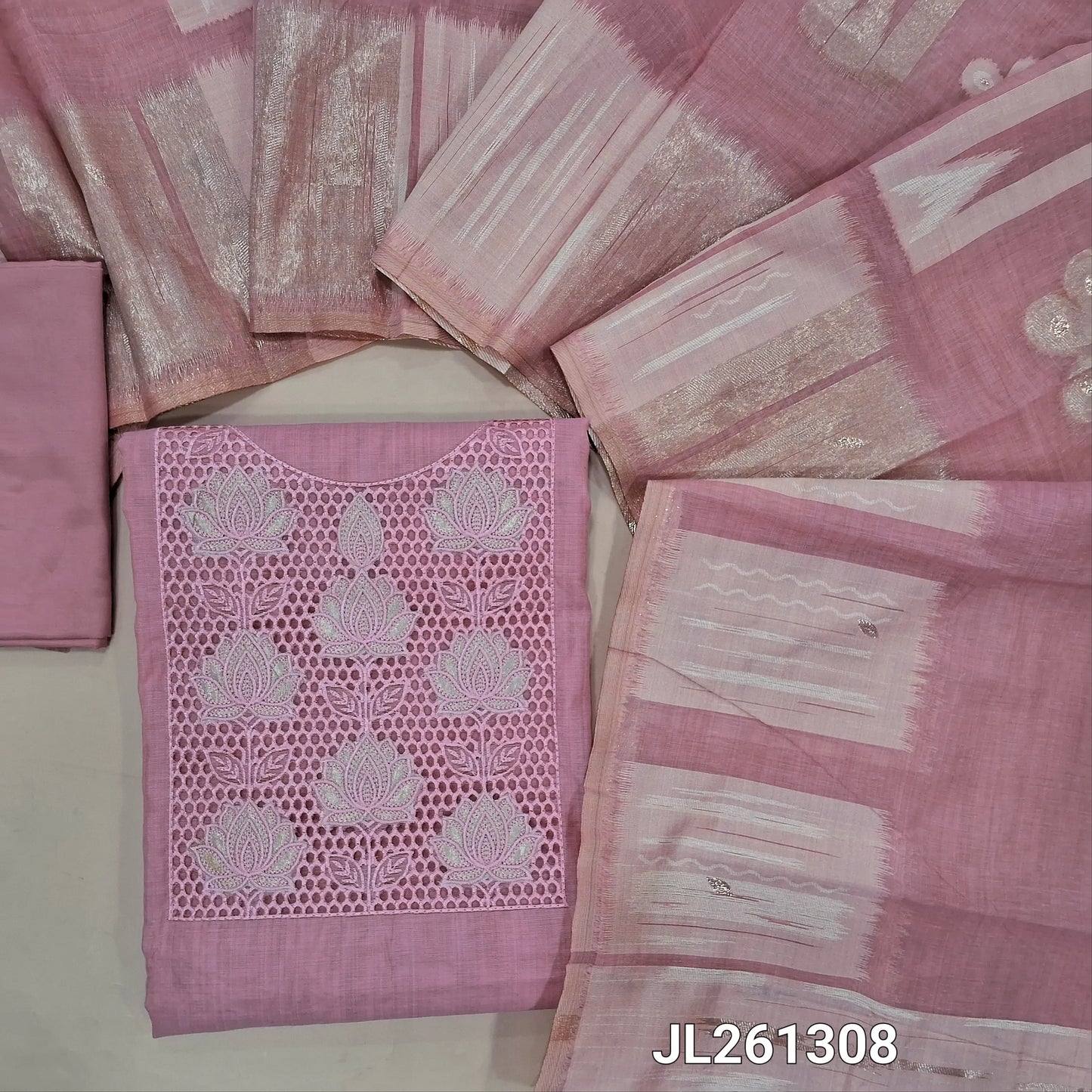 Pastel pink premium silk cotton unstitched salwar material, cut work and applique work on yoke, (soft, lining needed)silky bottom,jamdani woven silk cotton dupatta. JL261308