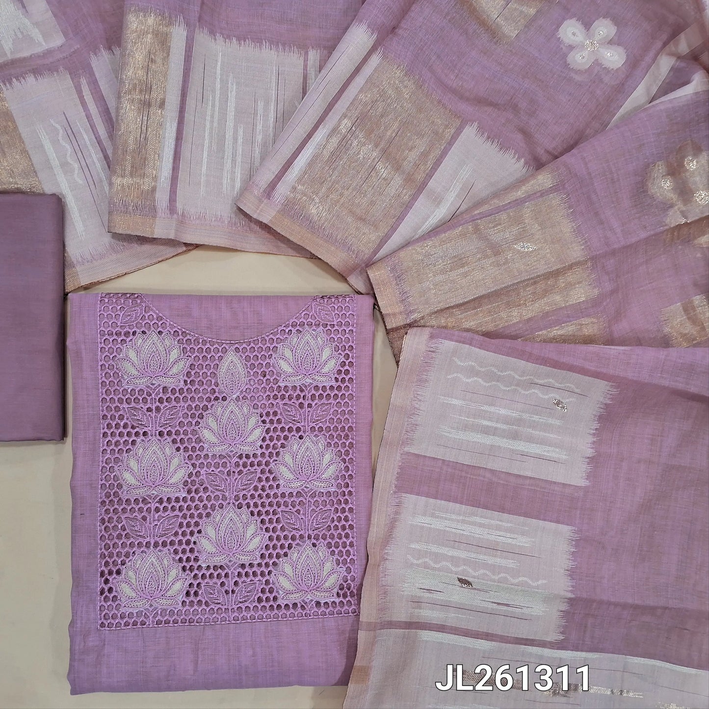 Purplish pink premium silk cotton unstitched salwar material, cut work and applique work on yoke, (soft, lining needed)silky bottom,jamdani woven silk cotton dupatta. JL261311