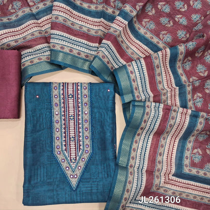 Dark teal blue semi tussar unstitched salwar material, digital printed with faux mirror on yoke,mirror work on front,printed daman border,(Lining needed)beetroot purple silky bottom,digital printed semi tussar dupatta with zari borders. JL261306