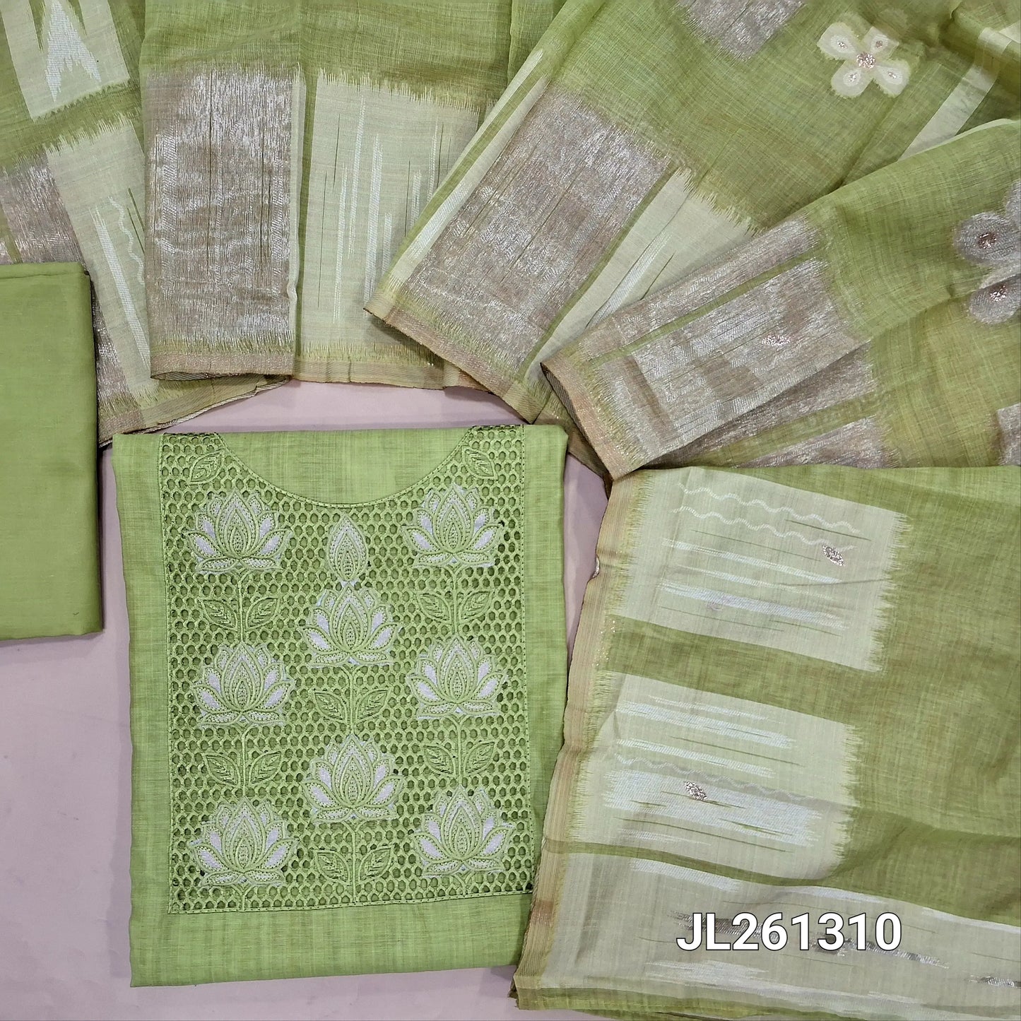 Pastel green premium silk cotton unstitched salwar material, cut work and applique work on yoke, (soft, lining needed)silky bottom,jamdani woven silk cotton dupatta. JL261310