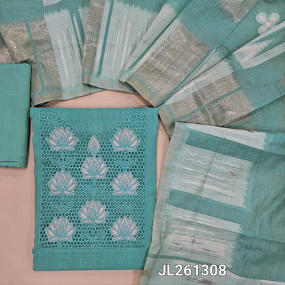 Pastel blue premium silk cotton unstitched salwar material, cut work and applique work on yoke, (soft, lining needed)silky bottom,jamdani woven silk cotton dupatta. JL261309