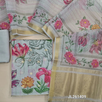 Light grey benarasi chanderi kota unstitched salwar material,digital printed with faux mirror, zardozi work on yoke,zari buttas all over,floral and tissue daman,( lining needed)spun cotton bottom, digital printed kota dupatta with tissue pallu. JL261409