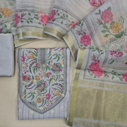 Light grey benarasi chanderi kota unstitched salwar material,digital printed with faux mirror, zardozi work on yoke,zari buttas all over,floral and tissue daman,( lining needed)spun cotton bottom, digital printed kota dupatta with tissue pallu. JL261409