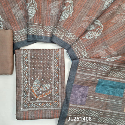 Chocolate brown jute silk unstitched salwar material, faux mirror and zarodzi work on yoke( textured,lining needed)spun cotton bottom,digital printed jute silk dupatta. JL261408