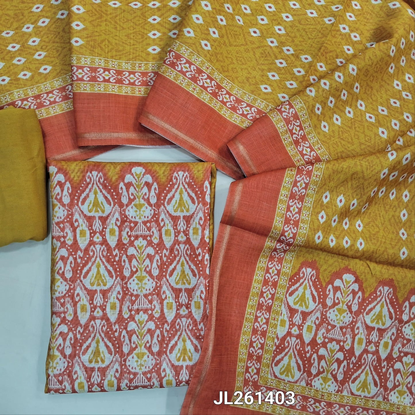 Mehandhi yellow & peachish pink digital printed chanderi silk cotton unstitched salwar material,printed yoke with mirror work(Lining Needed)spun cotton bottom, digital printed chanderi silk cotton dupatta with tissue borders and lace tapping. JL261403