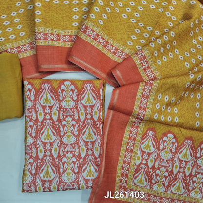 Mehandhi yellow & peachish pink digital printed chanderi silk cotton unstitched salwar material,printed yoke with mirror work(Lining Needed)spun cotton bottom, digital printed chanderi silk cotton dupatta with tissue borders and lace tapping. JL261403