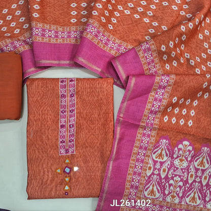 Rust orange & pink digital printed chanderi silk cotton unstitched salwar material,printed yoke with mirror work(Lining Needed)spun cotton bottom, digital printed chanderi silk cotton dupatta with tissue borders and lace tapping. JL261402