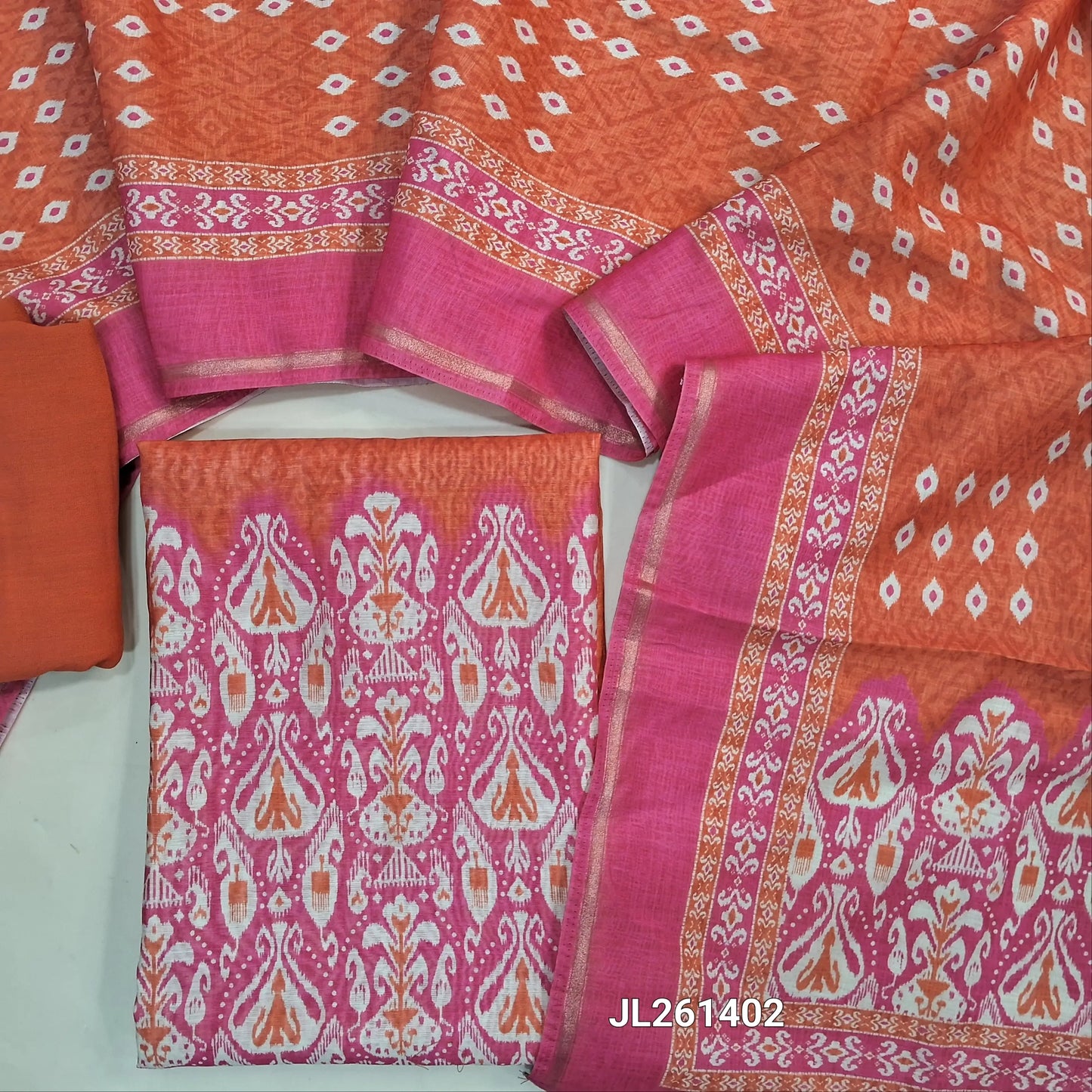 Rust orange & pink digital printed chanderi silk cotton unstitched salwar material,printed yoke with mirror work(Lining Needed)spun cotton bottom, digital printed chanderi silk cotton dupatta with tissue borders and lace tapping. JL261402