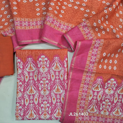 Rust orange & pink digital printed chanderi silk cotton unstitched salwar material,printed yoke with mirror work(Lining Needed)spun cotton bottom, digital printed chanderi silk cotton dupatta with tissue borders and lace tapping. JL261402