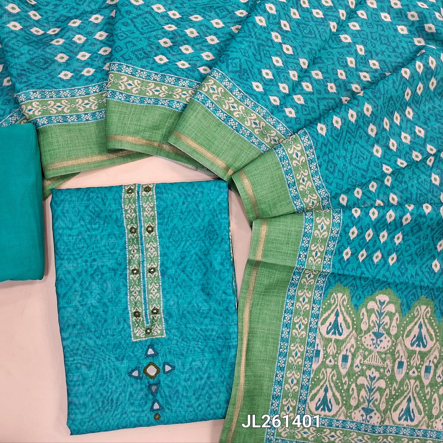 Turquoise blue & green digital printed chanderi silk cotton unstitched salwar material,printed yoke with mirror work(Lining Needed)spun cotton bottom, digital printed chanderi silk cotton dupatta with tissue borders and lace tapping. JL261401