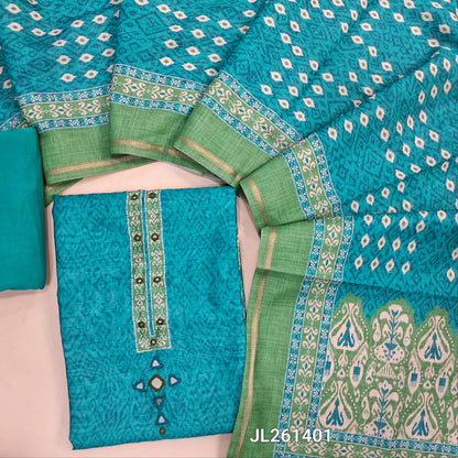 Turquoise blue & green digital printed chanderi silk cotton unstitched salwar material,printed yoke with mirror work(Lining Needed)spun cotton bottom, digital printed chanderi silk cotton dupatta with tissue borders and lace tapping. JL261401
