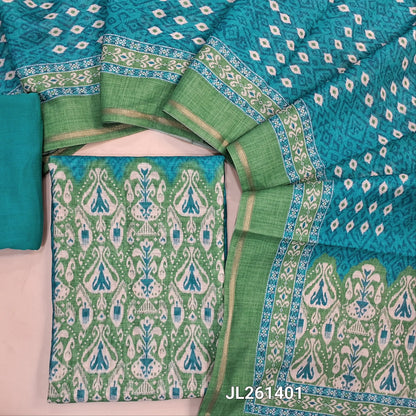 Turquoise blue & green digital printed chanderi silk cotton unstitched salwar material,printed yoke with mirror work(Lining Needed)spun cotton bottom, digital printed chanderi silk cotton dupatta with tissue borders and lace tapping. JL261401